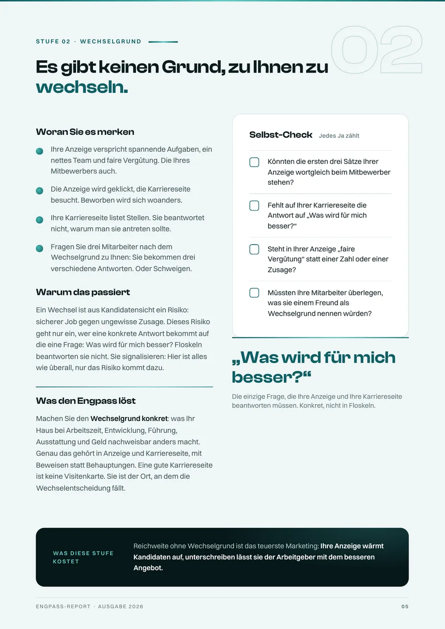 Seite 5 des Reports: Stufe 2, Wechselgrund, mit Selbst-Check zum Ankreuzen
